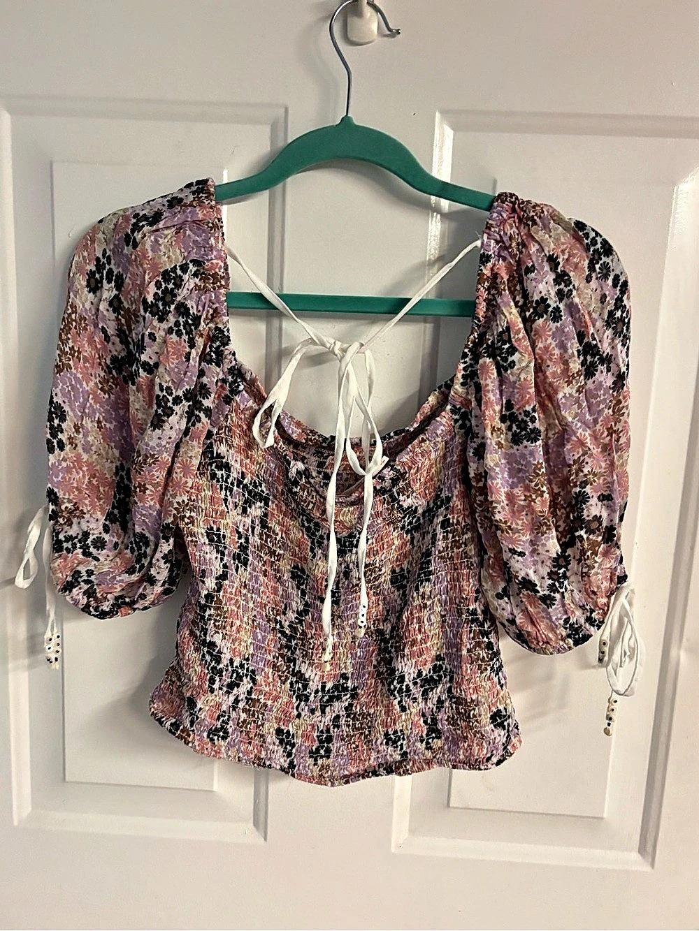 Free People Back On Top Floral Smocked Puff Sleeve Crop Top - Size Small